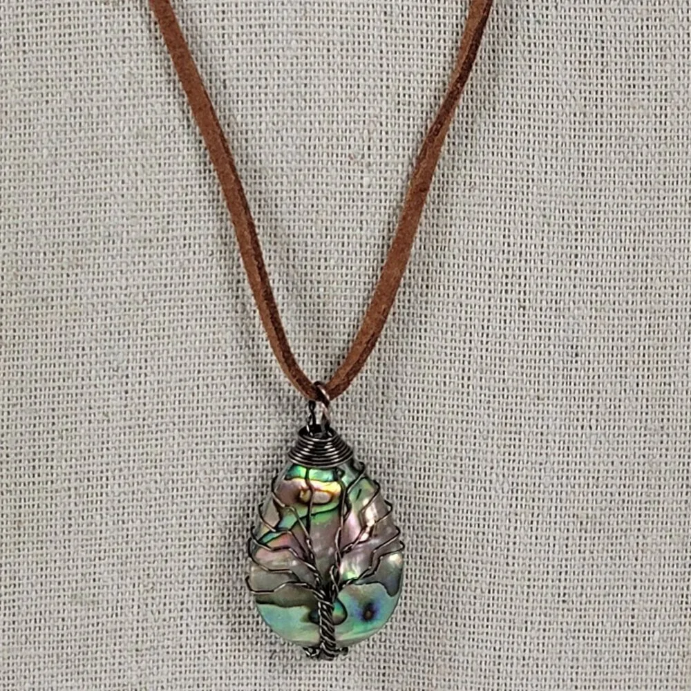 Mother Of Pearl Tree Of Life Pendant Cord Necklace 20 In Wire Wrapped Boho